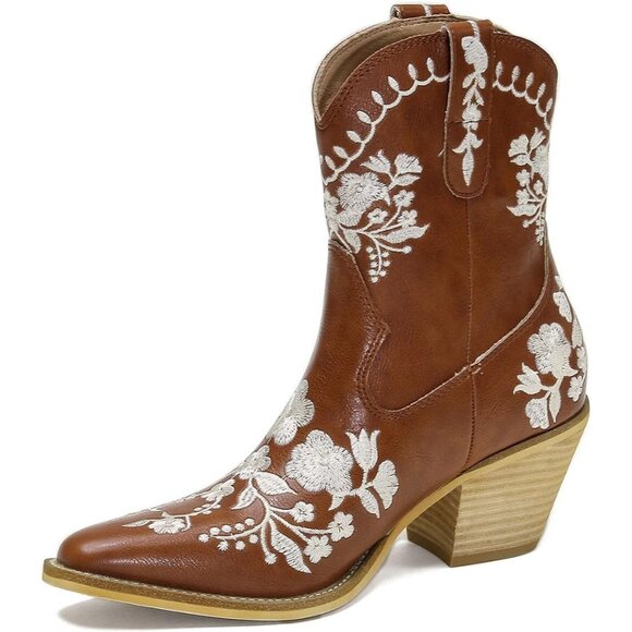 Women's Brown Leather Embroidery Block Heel Cowboy Snip Toe Ankle Boots - Picture 1 of 7